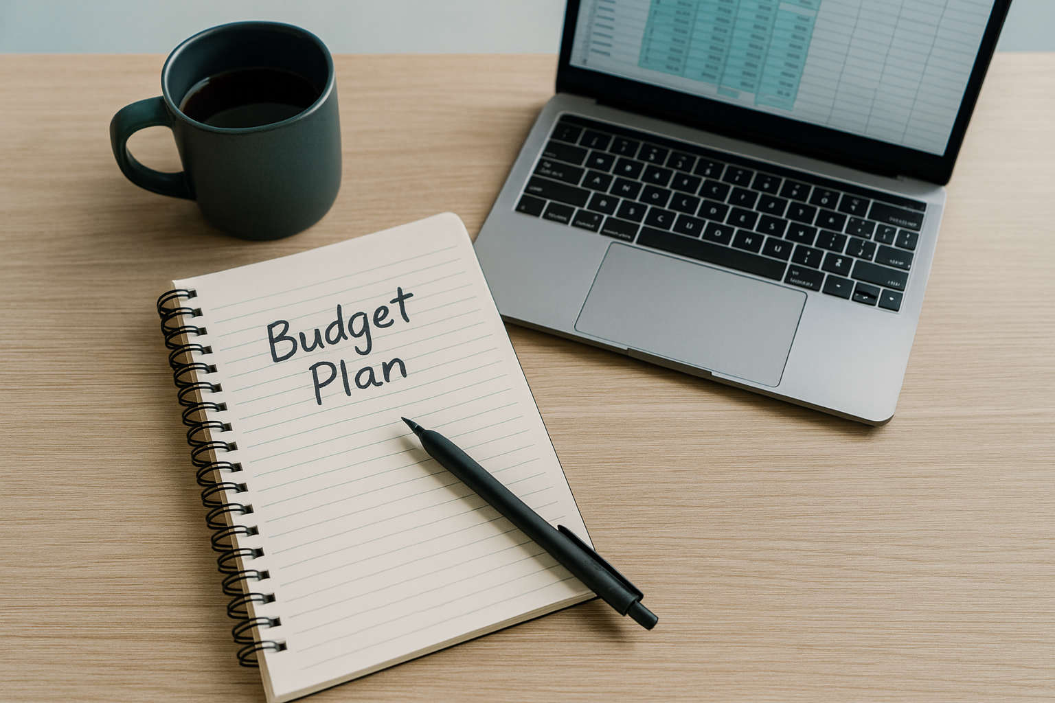 Budget planning on desk with laptop, notebook and calculator