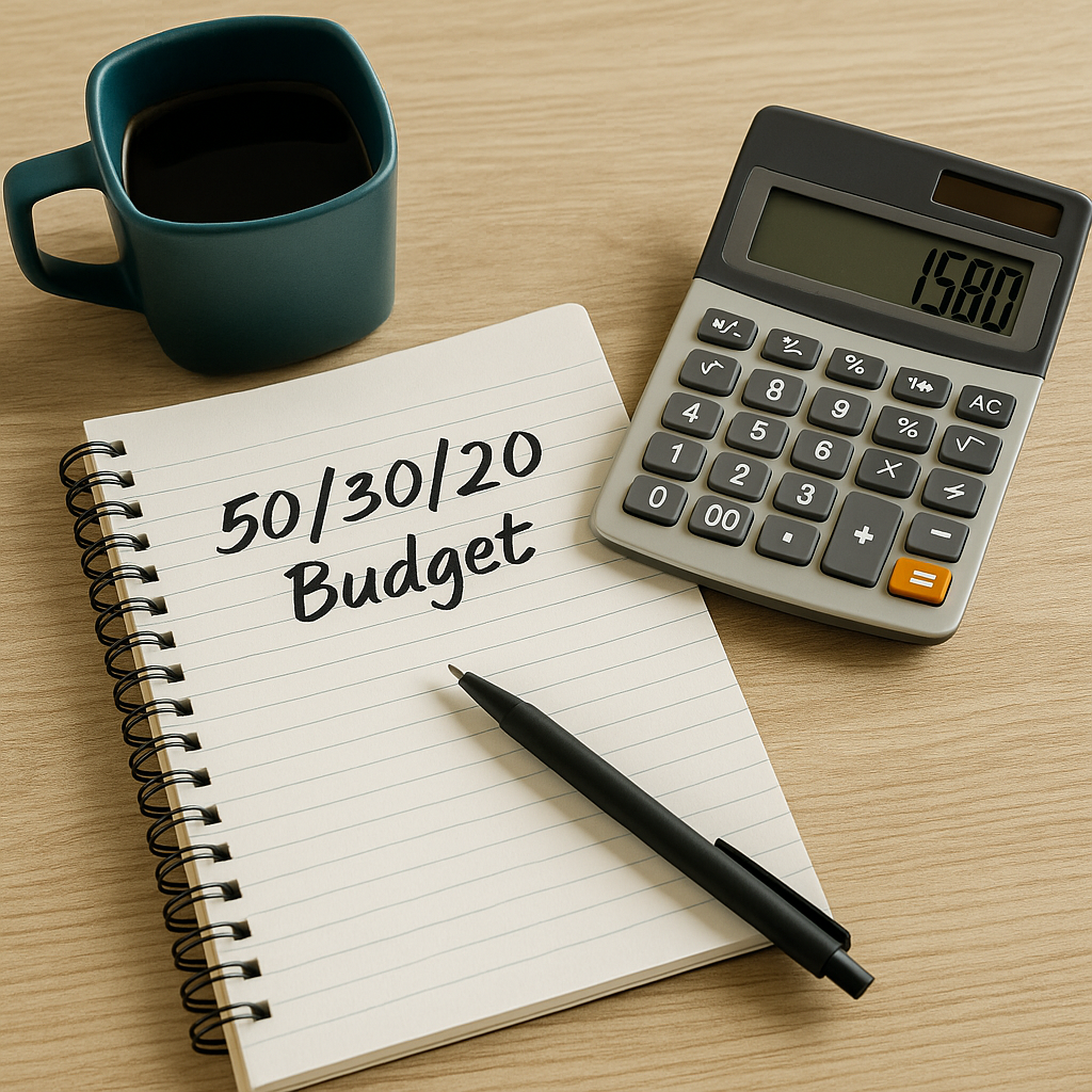 Notebook labeled 50/30/20 budget with calculator and coffee